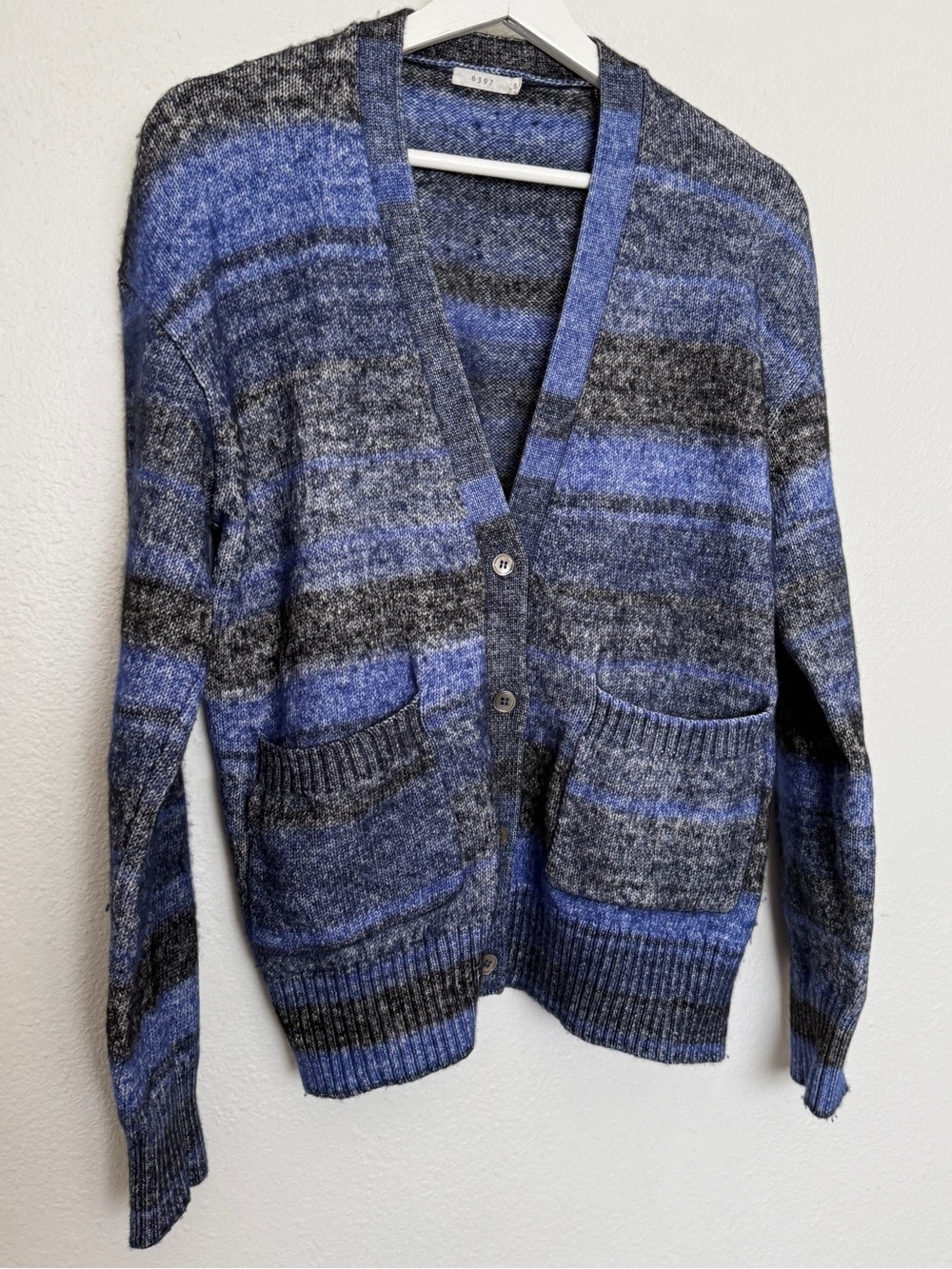 6397 Spacedye Striped Cashmere Wool Grandpa Cardigan Blue Gray S
